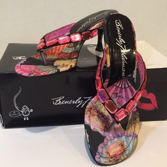 Beverly Feldman Designer Pink Bejeweled Kitten Heeled Sandals - Picture 2 of 5